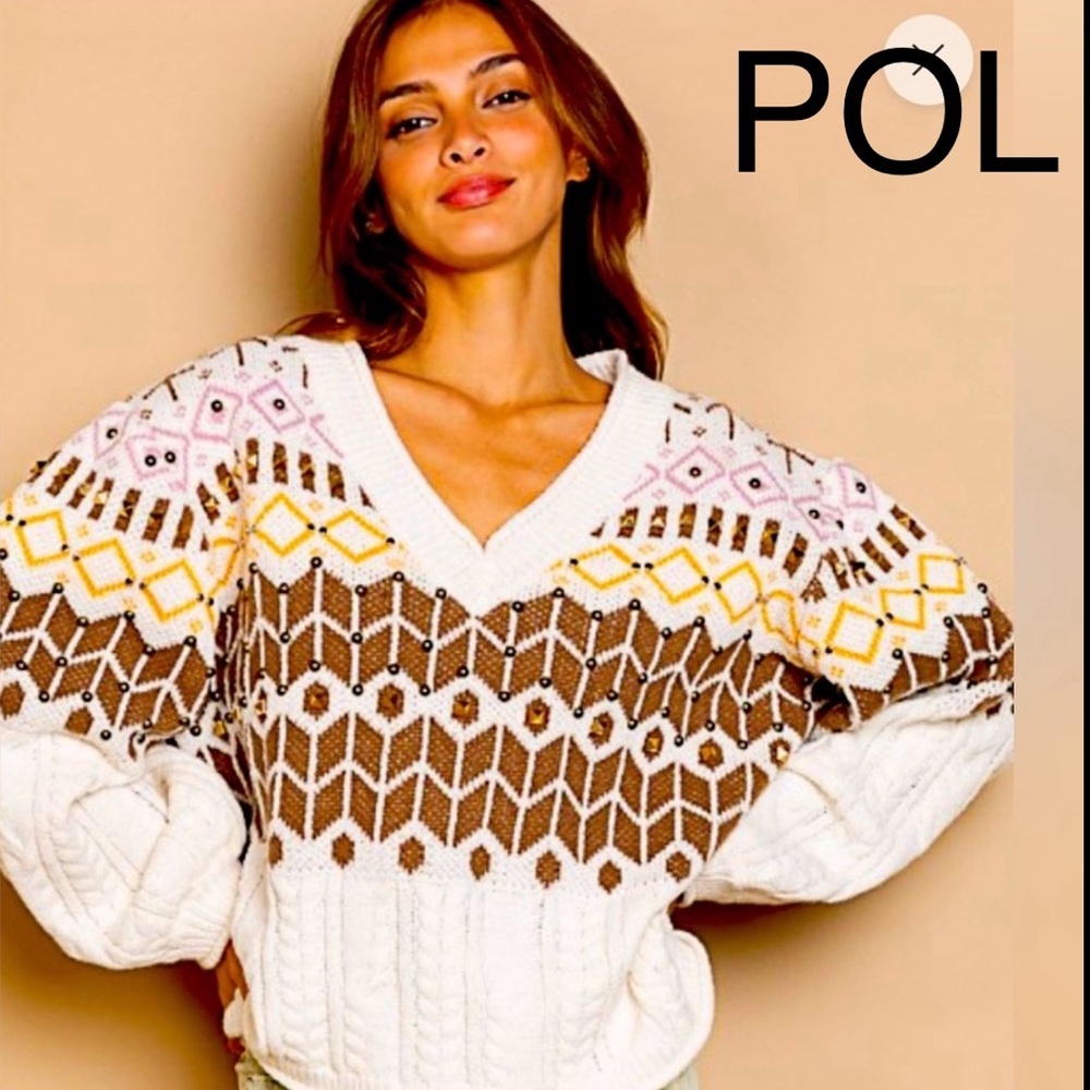 BP15😤POL perfection-cream v-neck chenille sweater Subtle embellishment-2die4!